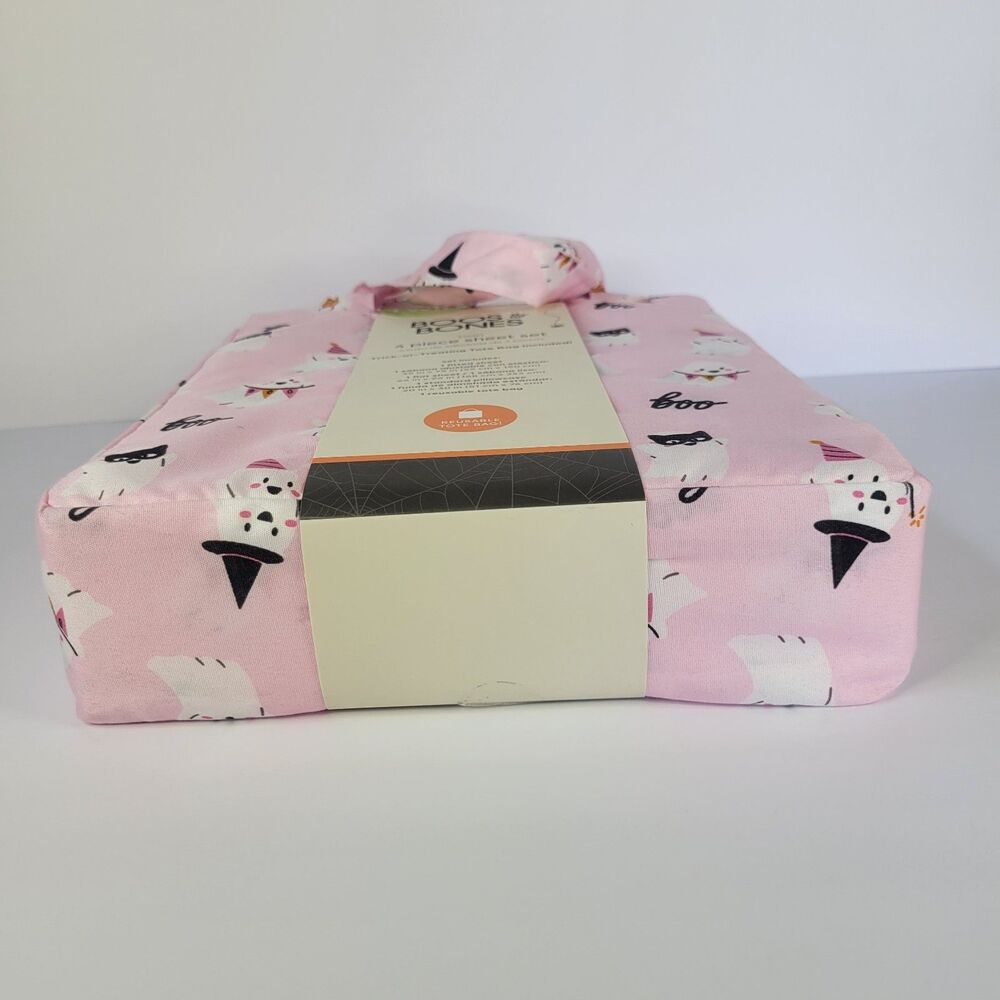 Halloween Pink White Cute Ghosts Boos & Bones TWIN 4pc Sheets Set Girls Bedding - Picture 10 of 11